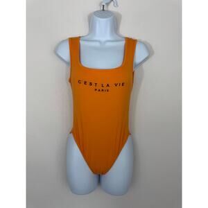 Shein Orange C’EST LA VIE PARIS Scoop Neck Bodysuit Size 4